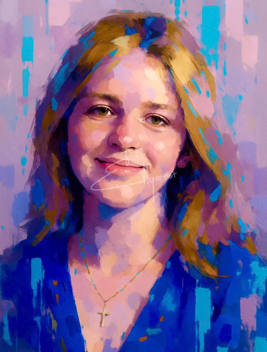 Gentle Young Woman Portrait β Soft Purple & Blue Palette | Feminine Canvas Wall Art