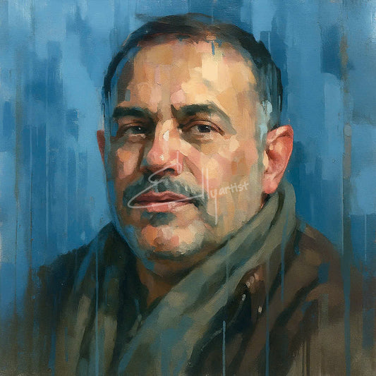 Timeless Male Portrait – Refined, Thoughtful Expression in Cool Blue Tones | Classic Canvas Wall Art