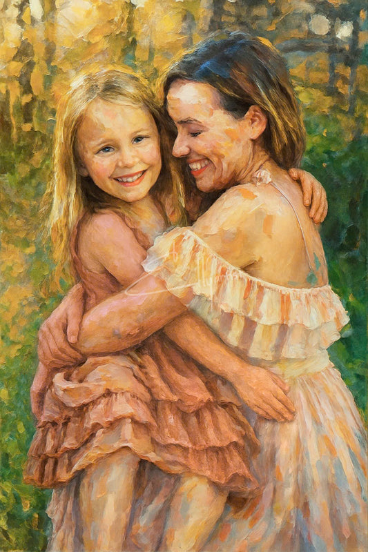 Mother and Daughter Embrace – Radiant Joy & Love in Sunlight | Heartwarming Canvas Art
