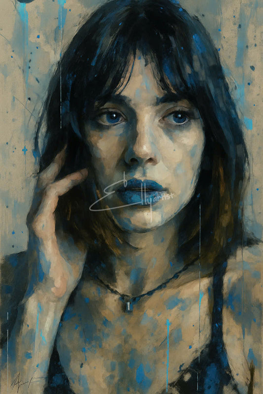 Moody Blue Portrait – Hand-Painted Emotional Artwork | Dark Contemporary Canvas Wall Art